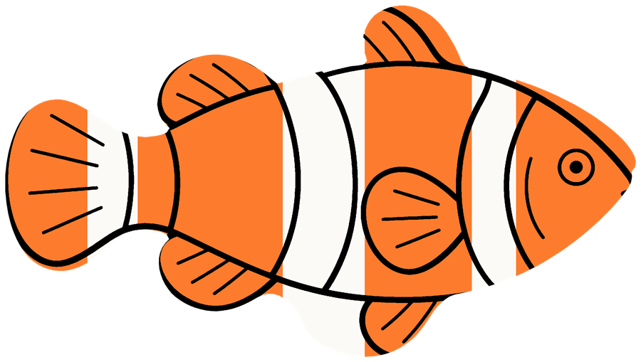 The same fish, colored in, swimming on a television
